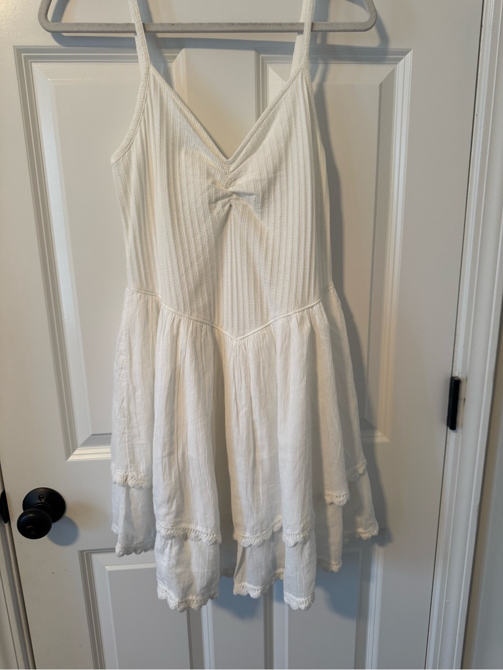 aerie White Ribbed Tiered Spaghetti-Strap Dress